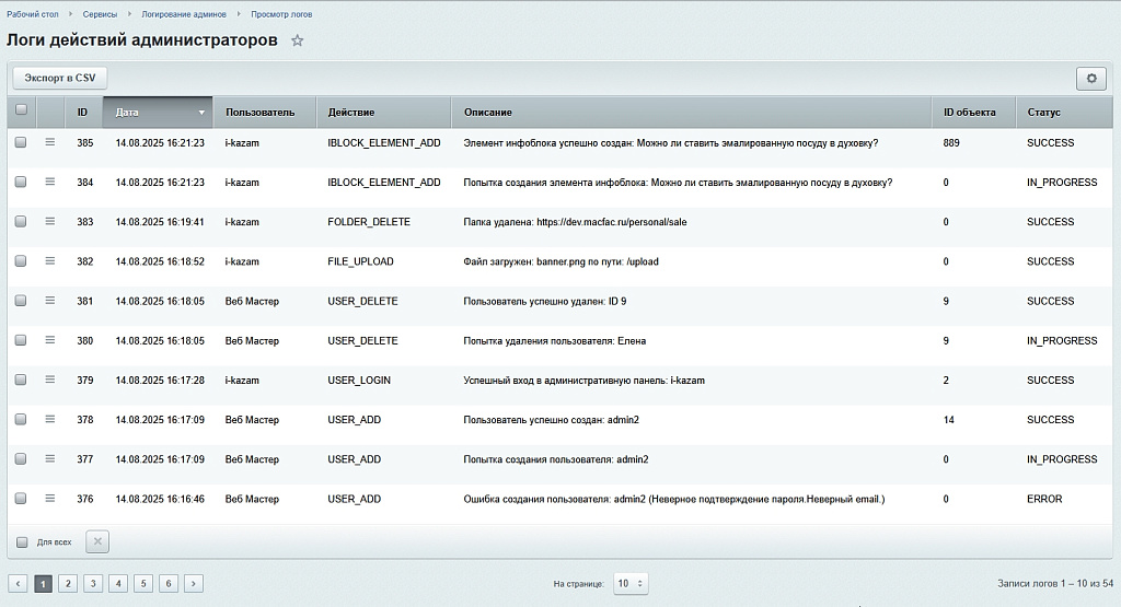 Логирование действий администраторов