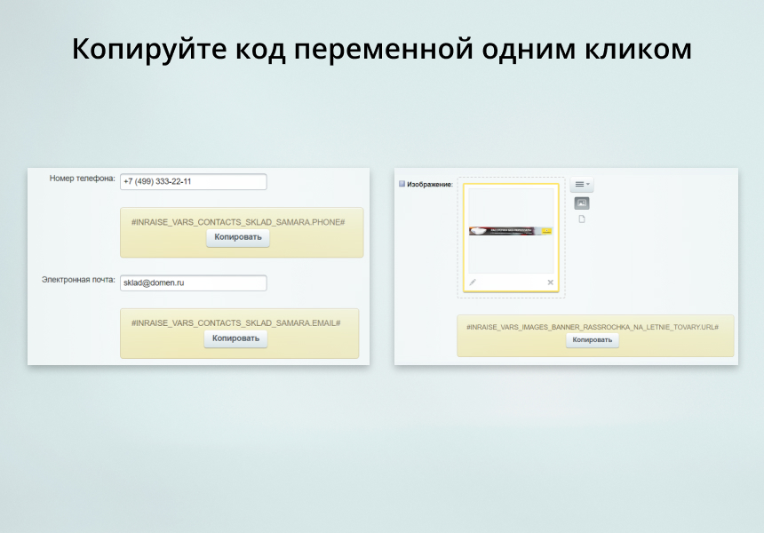 INRAISE: Переменные. Контакты, изображения, тексты, скрипты