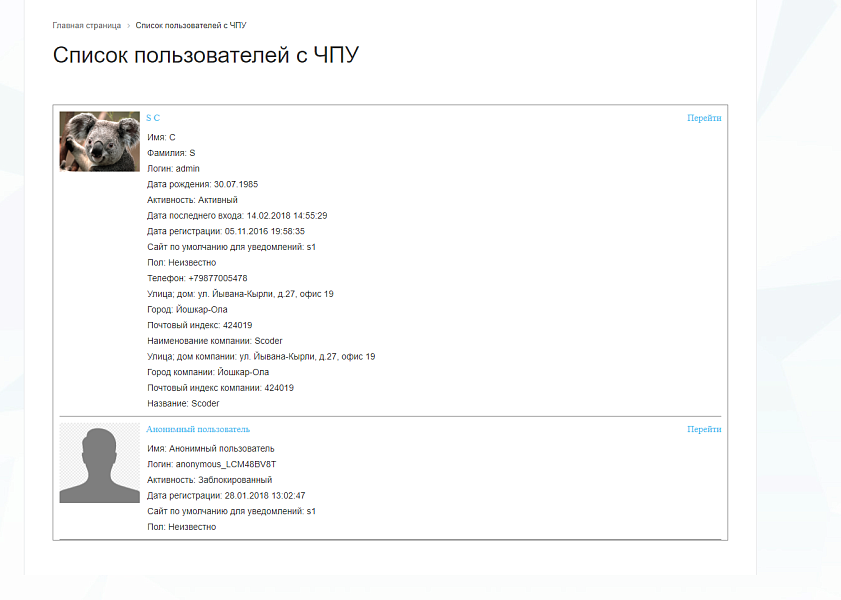 Scoder: Список пользователей с ЧПУ