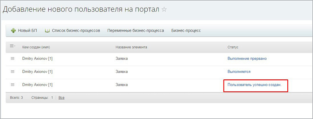 Бизнес-процесс "Добавление нового сотрудника на портал"