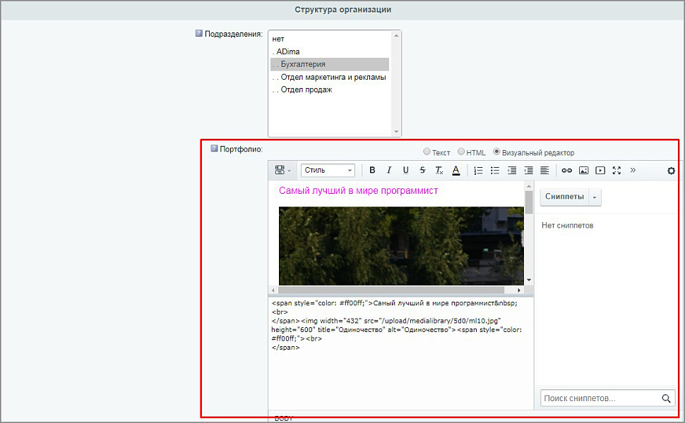 Тип пользовательского свойства - HTML/Визуальный редактор