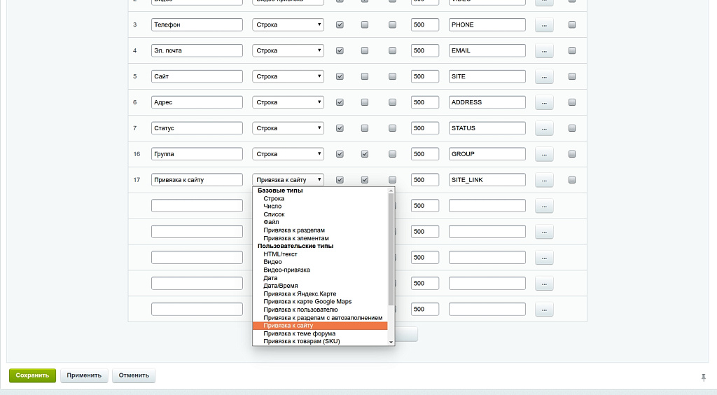 Свойство "Привязка к сайту"