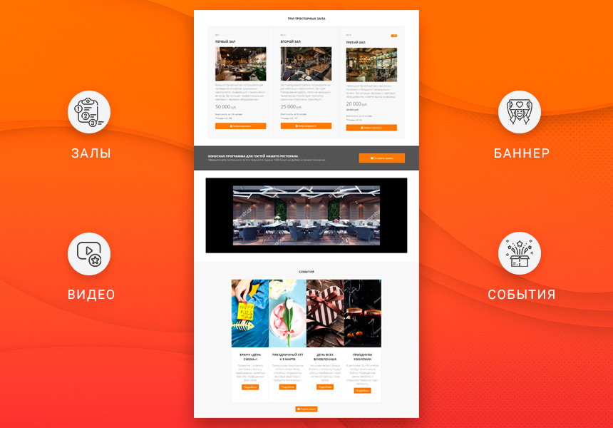 Готовый одностраничный сайт: Ресторан, кафе, антикафе, кофейня, кальянная, бар, кейтеринг, клуб