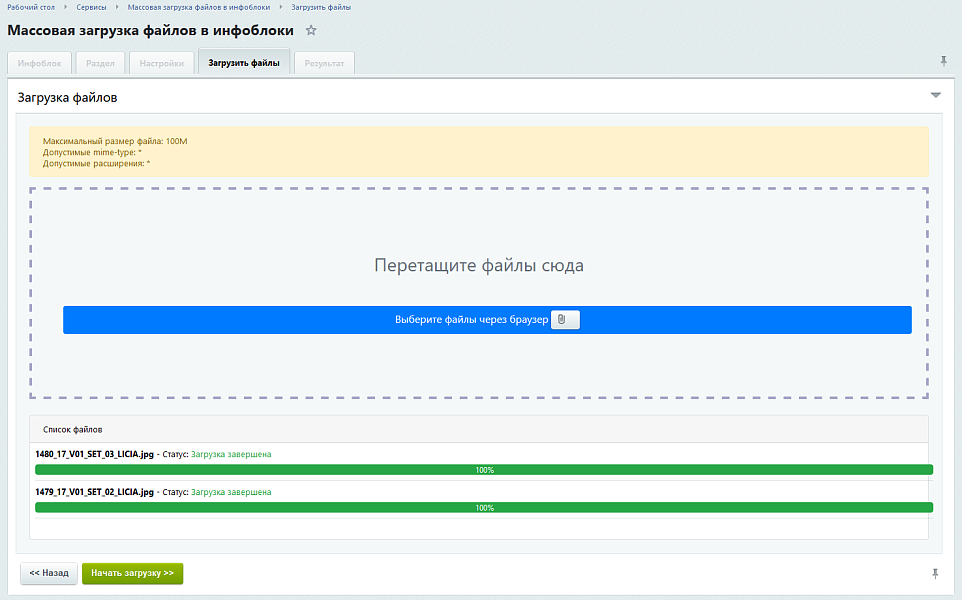 Массовая, множественная загрузка файлов, изображений и документов в инфоблоки с созданием элементов