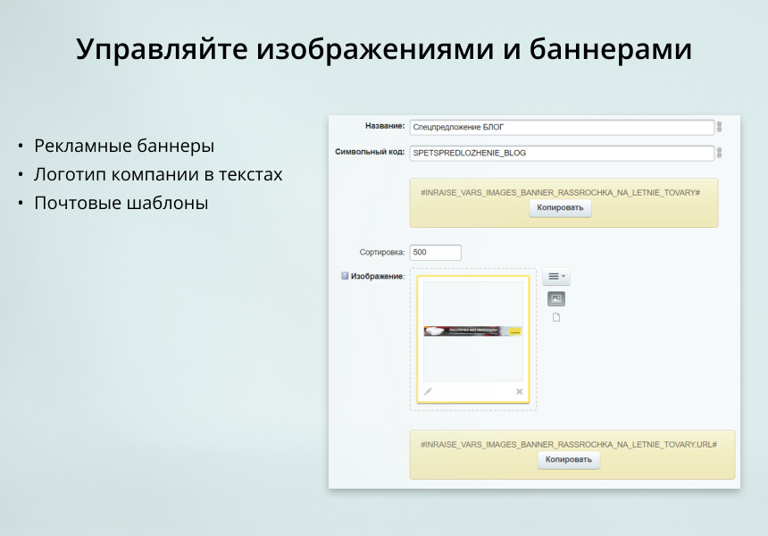 INRAISE: Переменные. Контакты, изображения, тексты, скрипты