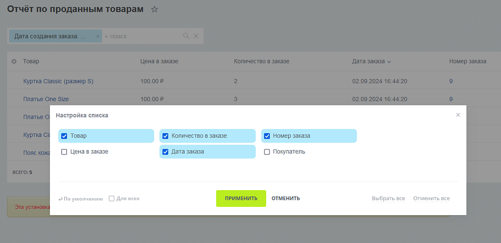 Отчёт о проданных товарах